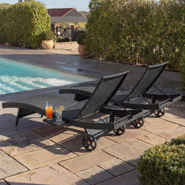 English Elm K&k Outdoor Wicker Reclining Chaise Set 2 Piece with Pull Out Tray Rolling Wheels Black N707P395515B