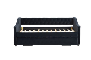 English Elm Twin Velvet Daybed with Pull Out Trundle Tufted Back Usb Port and Side Pockets Black W1361S00039