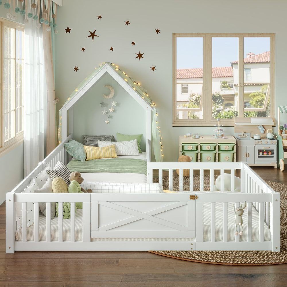 English Elm Twin House Floor Bed with Door & Full-Length Guardrails, Solid Wood Twin Loft Alternative for Kids White W1580P327128