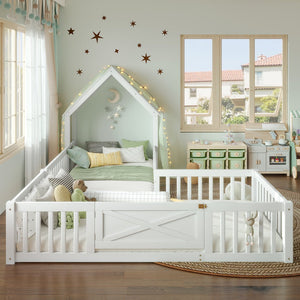 English Elm Twin House Floor Bed with Door & Full-Length Guardrails, Solid Wood Twin Loft Alternative for Kids White W1580P327128