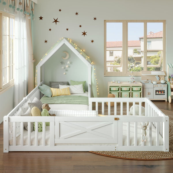 English Elm Twin House Floor Bed with Door & Full-Length Guardrails, Solid Wood Twin Loft Alternative for Kids White W1580P327128