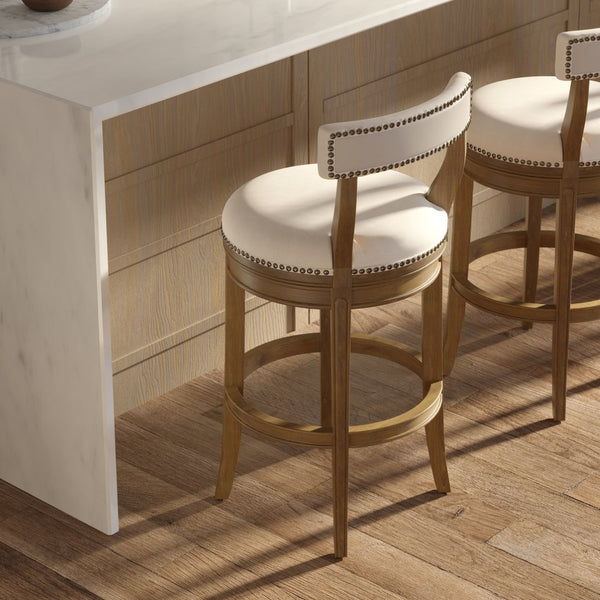 English Elm 31" Swivel Barstool Linen Upholstered Seat Nailhead Trim Warm Wood Kitchen Island Pecan B2751P436451