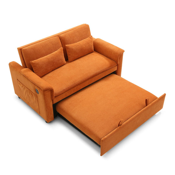 English Elm 55" Velvet Two Seater Pull Out Sofa Bed with USB Ports, Side Pockets, Adjustable Backrest, Compact Lounger Orange W2677P288325