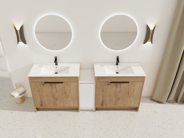 English Elm 84 Inch Freestanding Bathroom Vanity with Integrated Resin Sink, Soft-Close Doors, Shelves & Extra Storage Space Glossy White,Imitative Oak W999S00325
