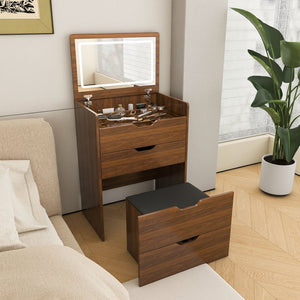English Elm 3-in-1 Walnut Vanity Desk with Led Lighted Flip Mirror Stool Compact Bedroom Station W2699P404629