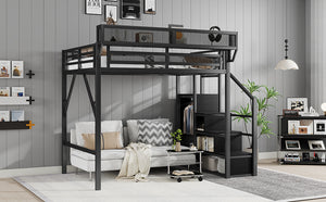 English Elm Full Size Loft Bed With Stairs And Storage Shelves – Stylish Black Metal High Loft Bed For Kids & Teens W2580S00037