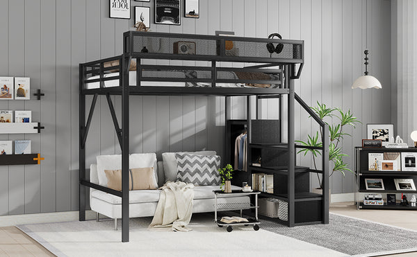 English Elm Full Size Loft Bed With Stairs And Storage Shelves – Stylish Black Metal High Loft Bed For Kids & Teens W2580S00037