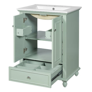 English Elm 24'' French Style Bathroom Vanity with Ceramic Sink Soft Close Cabinet and Drawer Green N710P411227F