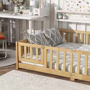 English Elm Full Size Rubber Wood Floor Bed with Surrounding Fence Door and Safety Guardrails W504P370522