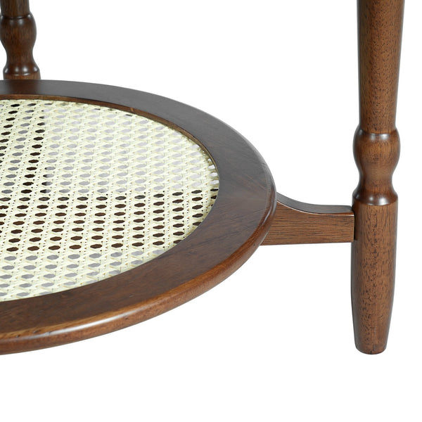 English Elm Mid-Century Petal Coffee Table with Walnut & Rattan, 2-Tier Glass Top, Vintage Small-Space Charm N735P291422D