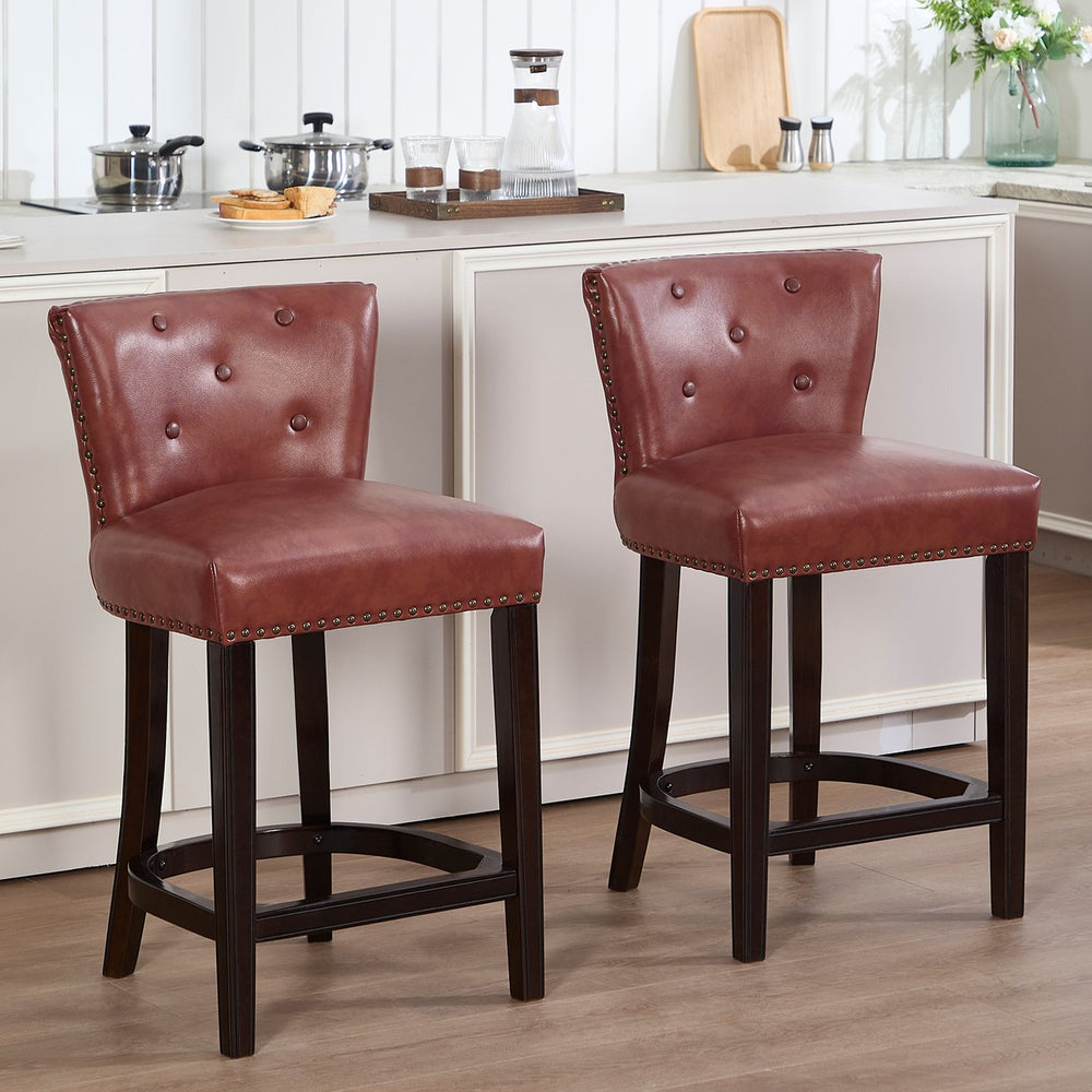 English Elm Bar Stools Set Of 2 - Stylish Brown Leather & Wood Design, 26" Height, Perfect For Dining & Bars W2195P290197