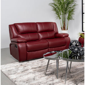 English Elm Elodie Red Faux Leather Motion Reclining Loveseat - Plush, Stylish Comfort For Cozy Living Spaces B062P354075