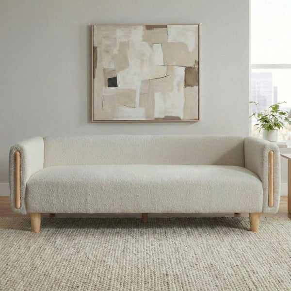 English Elm Modern Boucle Three Seat Sofa with Rubberwood Legs Pocket Spring Support Living Room Oatmeal N763P403678D