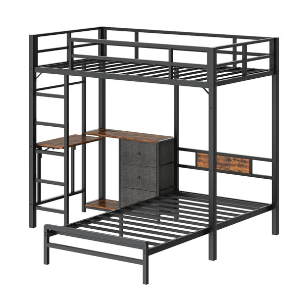 English Elm Bunk Bed Steel Frame with Rgb Lighting Charging Station Drawers and Folding Desk W1820P420816