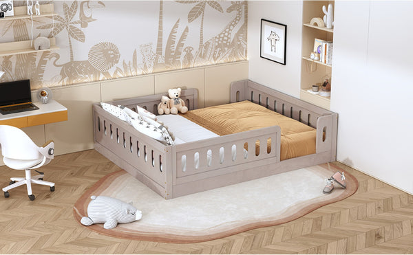 English Elm Wood Full Size Kids Platform Bed Solid Pine Guardrail Low Profile Safe Sleep Frame Natural N709P321458N
