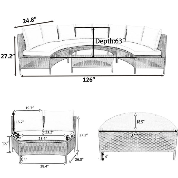 English Elm Topmax Five Piece Modular Outdoor Sectional Pe Rattan Patio Set with Glass Table Grey N717S100149E