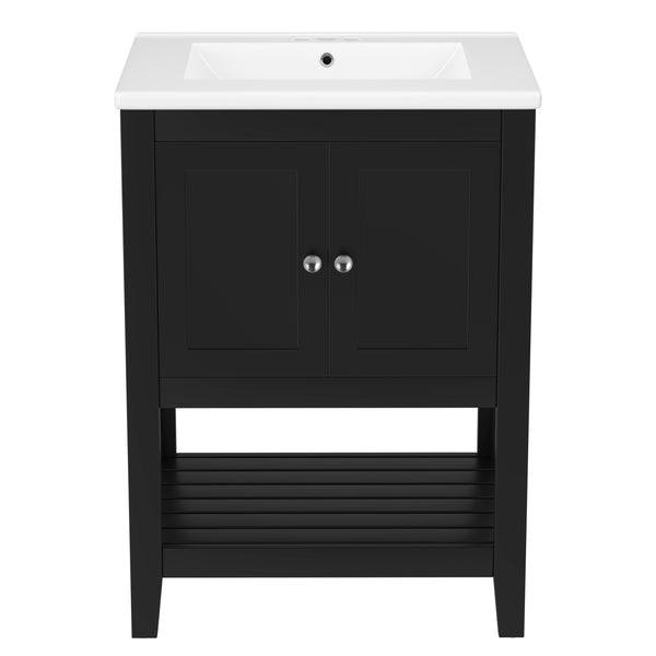 English Elm 24" Modern Sleek Bathroom Vanity with Ceramic Sink, Solid Wood Frame, Waterproof Finish and Open Shelf Storage Black N725P246473B