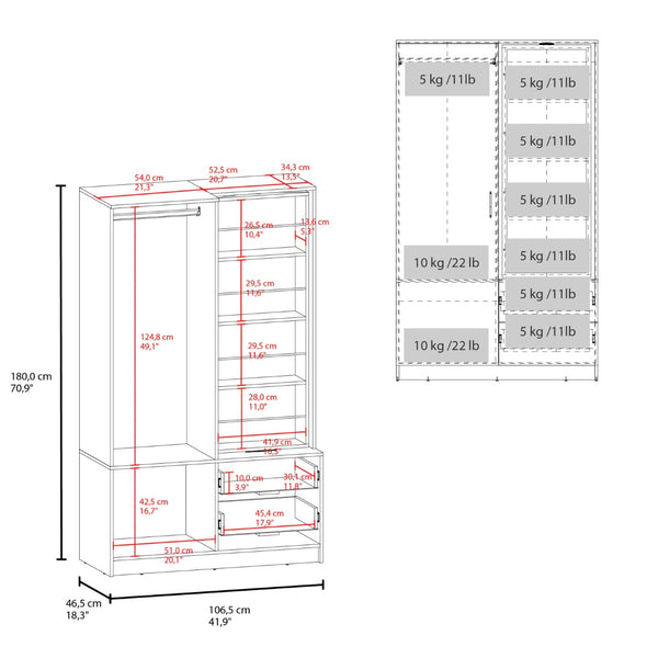 English Elm White Armoire Wardrobe: Stylish Open Storage, 2 Drawers & Built-In Mirror For Modern Bedrooms B062S01282-GIGA