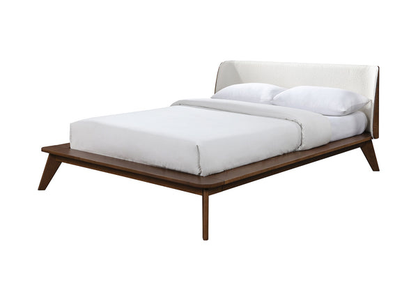 English Elm Walnut Mid-Century Queen Platform Bed with Beige Fabric Winged Headboard, Solid Wood Frame, Tapered Legs Walnut 83 L x 11 W x 8 H B2741S00459