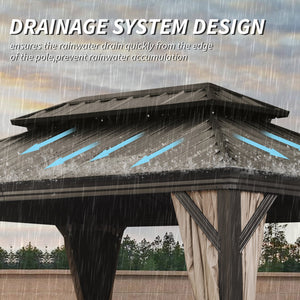 English Elm 12' X 14' Hardtop Gazebo with Drainage, Dual-Layer Galvanized Roof, Curtains & Mesh, Brown - Durable Outdoor Shelter for Patio and Garden (UV, Mosquito-Proof) W1859S00140