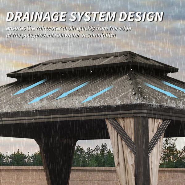 English Elm 12' X 14' Hardtop Gazebo with Drainage, Dual-Layer Galvanized Roof, Curtains & Mesh, Brown - Durable Outdoor Shelter for Patio and Garden (UV, Mosquito-Proof) W1859S00140