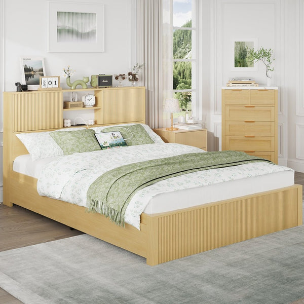 English Elm Queen Storage Bed Oak Finish Sliding Barn Door Headboard with Built-in Charging T3773P417190