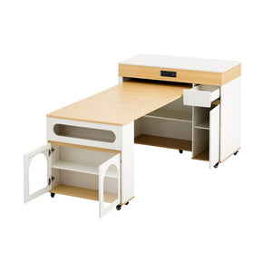 English Elm Trexm Rolling Kitchen Island Extendable Marble Top Cabinet Drawers Power Outlet Creamy White,Natural XW000029AAN