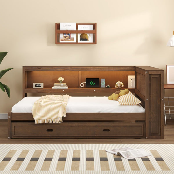 English Elm Full Pine Daybed with Trundle Sliding Storage Shelves Led Lighting and Usb Charging Wood GX004003AAD