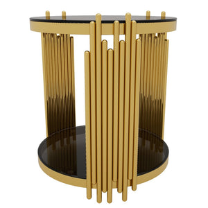 English Elm Modern Round Mirrored Glass End Table with Gold Metal Frame and Lower Display Shelf Black N735P380092B