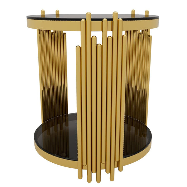 English Elm Modern Round Mirrored Glass End Table with Gold Metal Frame and Lower Display Shelf Black N735P380092B