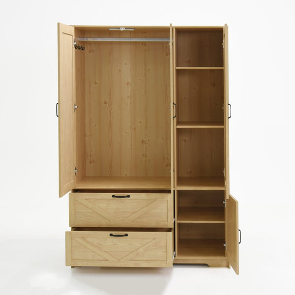 English Elm 4 Door Wooden Wardrobe Cabinet with Led Sensor Light Mirror and Drawers for Bedroom W409S00006