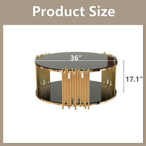 English Elm Modern stainless steel circular coffee table with black tempered glass top, gold frame, anti-slip pads, easy-clean elegance W1727P206859