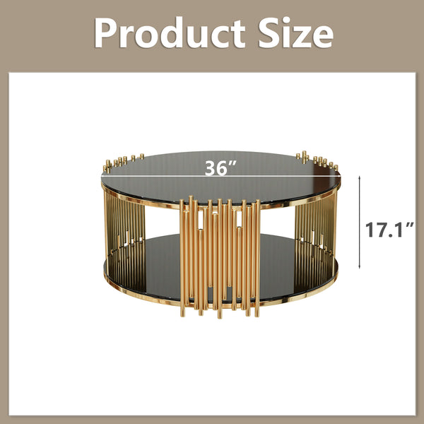 English Elm Modern stainless steel circular coffee table with black tempered glass top, gold frame, anti-slip pads, easy-clean elegance W1727P206859