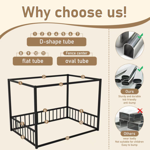 English Elm Twin Iron Frame Bed with Fence-Style Guardrails, Black Twin Low-Profile Sunshade Floor Bed, Sturdy Design W1858P282499