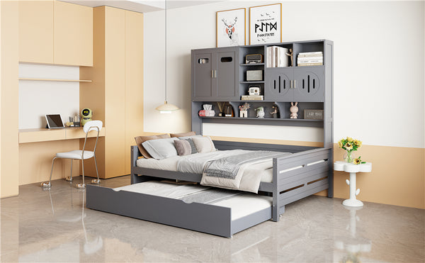 English Elm Full Size Wooden Daybed With Twin Trundle & Stylish Integrated Cabinet For Smart Space-Saving Solutions N820S00027E