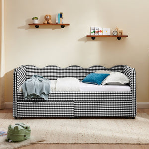 English Elm Twin Gingham Linen Daybed with Wave Silhouette Usb Port and Dual Storage Drawers Black W1413S00145
