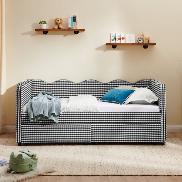 English Elm Twin Gingham Linen Daybed with Wave Silhouette Usb Port and Dual Storage Drawers Black W1413S00145