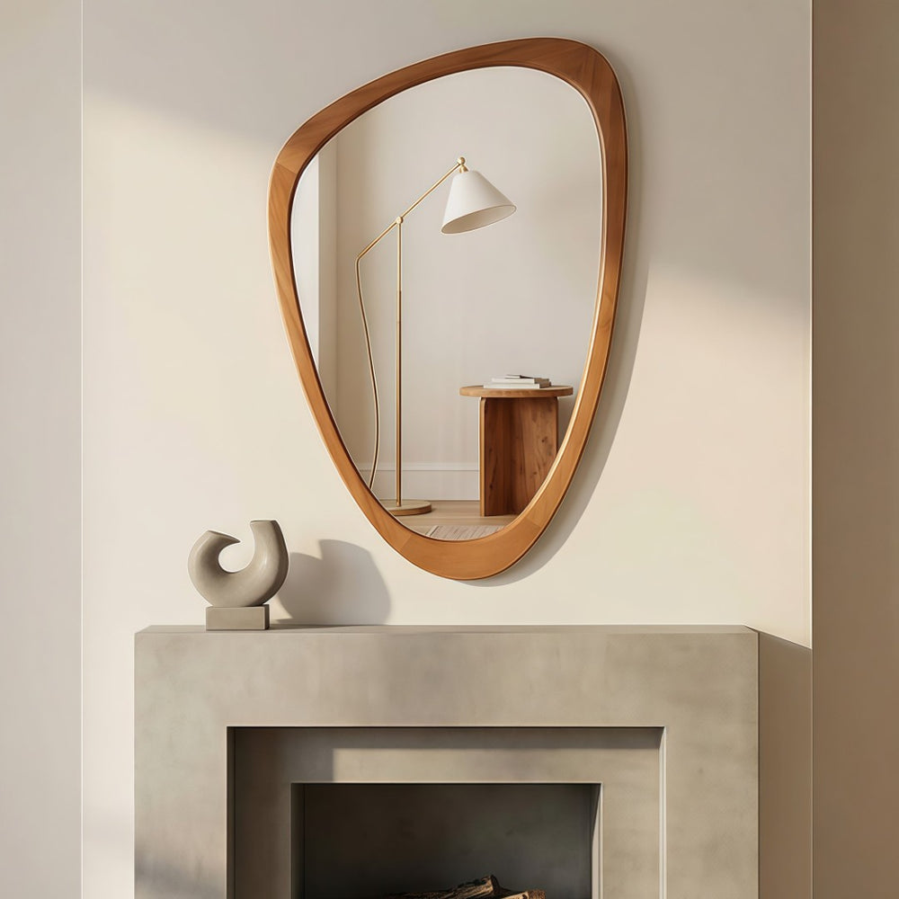 English Elm Black Walnut Solid Wood Irregular Frame Wall Mirror Sculptural Accent for Any Room Yellowish-Brown W2203P436506