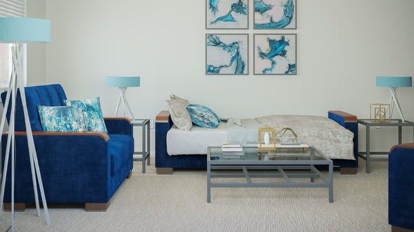 English Elm PrimeNest ZenAero Upholstered Wood Trim Convertible Sofabed with Storage, Click-Click Sleeper Comfort Blue B030P286532