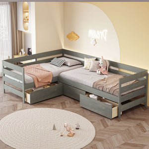 English Elm Twin L-Shaped Platform Bed with Three Spacious Drawers, Solid Pine & MDF, Clean-Lined Design Gray N7090000468E