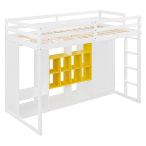 English Elm Twin Loft Bed with Wardrobe Shelves and Cabinet Kids Bedroom Wood Storage Frame Yellow+White N708S00023K