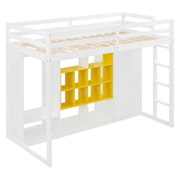 English Elm Twin Loft Bed with Wardrobe Shelves and Cabinet Kids Bedroom Wood Storage Frame Yellow+White N708S00023K
