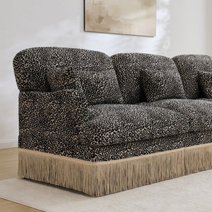 English Elm Comfy Chenille Leopard Print Loveseat with Tassel Trim and Movable Ottoman Modules Khaki W5656S00021