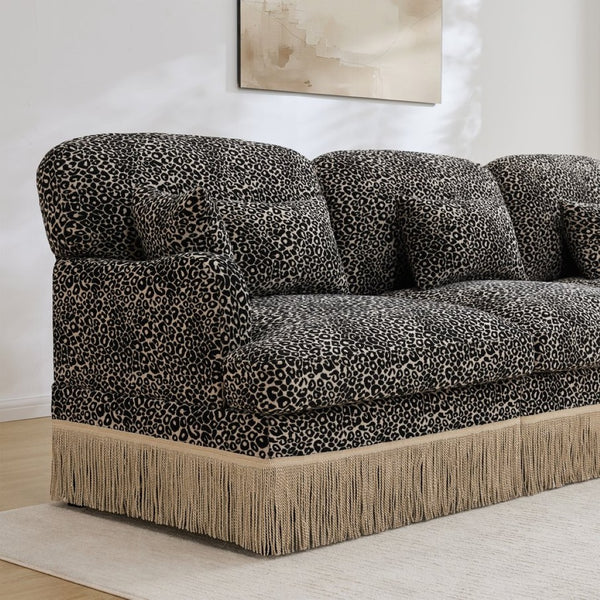 English Elm Comfy Chenille Leopard Print Loveseat with Tassel Trim Modular Sectional for Living Room Khaki W5656S00019