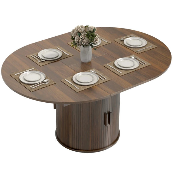 English Elm Stylish Extendable Round Pedestal Dining Table Walnut Finish Seats Six Small Space T3971P466697