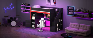 English Elm Gaming Twin Loft Bed with Led Desk Storage Locker and Bold Black Red Finish N709P004102J