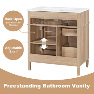 English Elm "30'' 30 Inch Freestanding Bathroom Vanity Solid Pine Cabinet Ceramic Sink Soft Close Storage N725P375498T