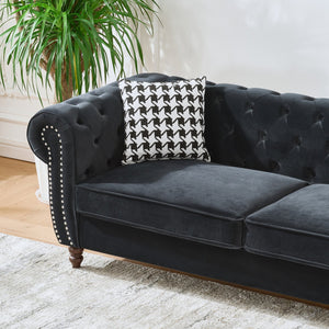 English Elm 87"Chesterfield Velvet Upholstery Sofa with Roll Armrests & Nailhead Trim, 3-Seater Luxurious Midcentury Design Black W3373S00009