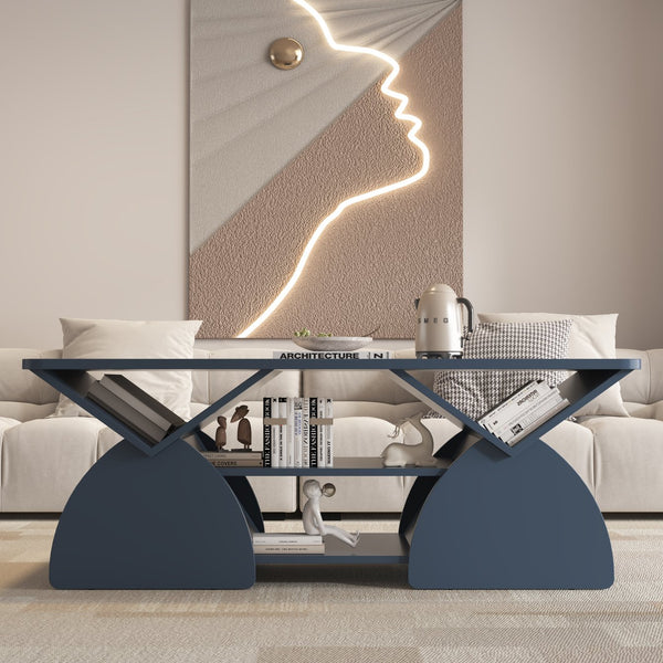 English Elm Engineered rounded corner rectangular coffee table with 6 cubbies, spacious tabletop, durable melamine finish Blue W2899P372761