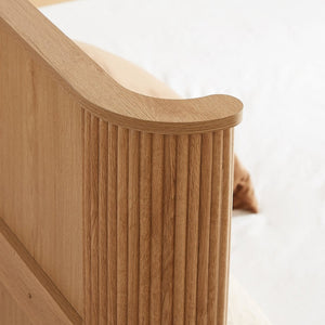 English Elm Natural Fluted Wood Platform Bed Minimalist Queen Frame with Tall Curved Headboard Oak W5219S00004